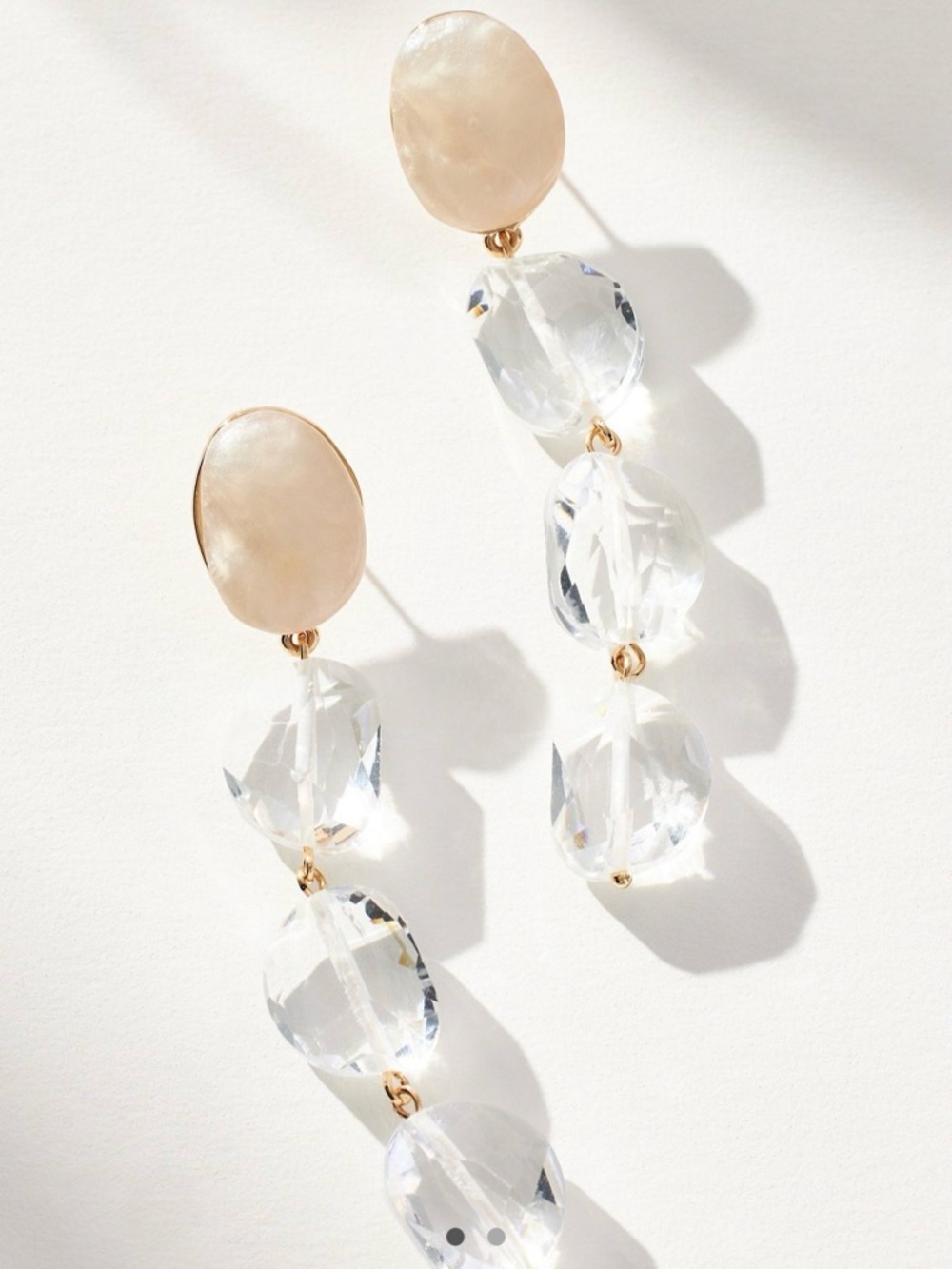 Anthropologie Cream Oval and Clear Crystal Drop Earrings with Gold Accents